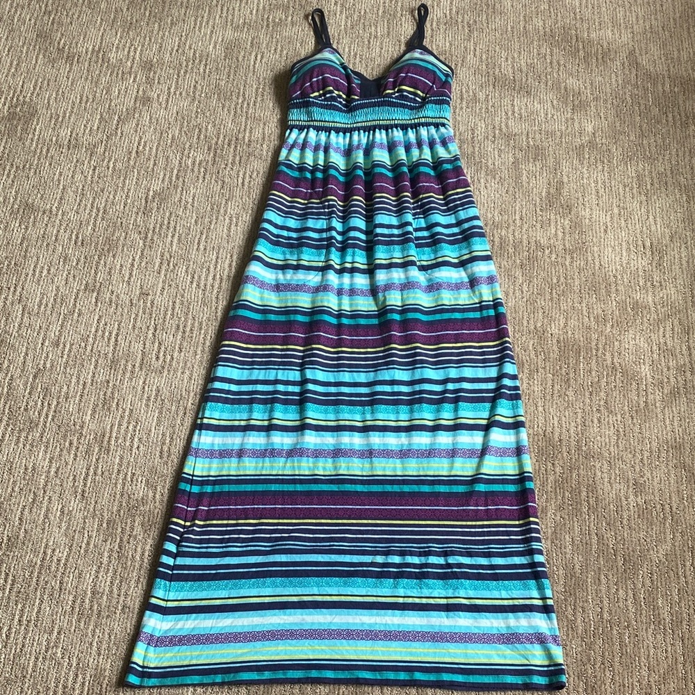 Athleta Striped Spaghetti Strap Maxi Dress in Aqua, Purple & Navy with Pockets